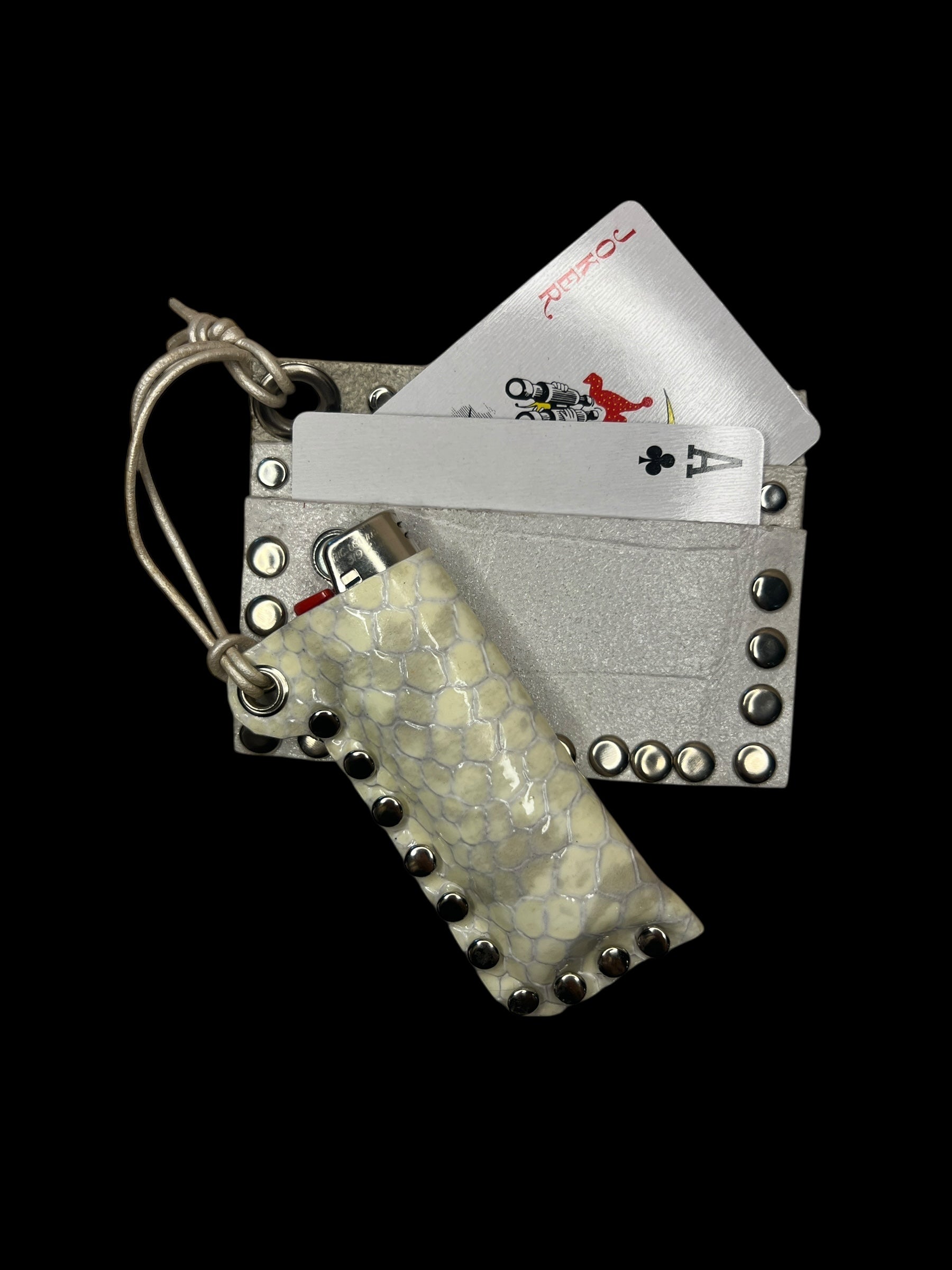 studded ivory leather card holder